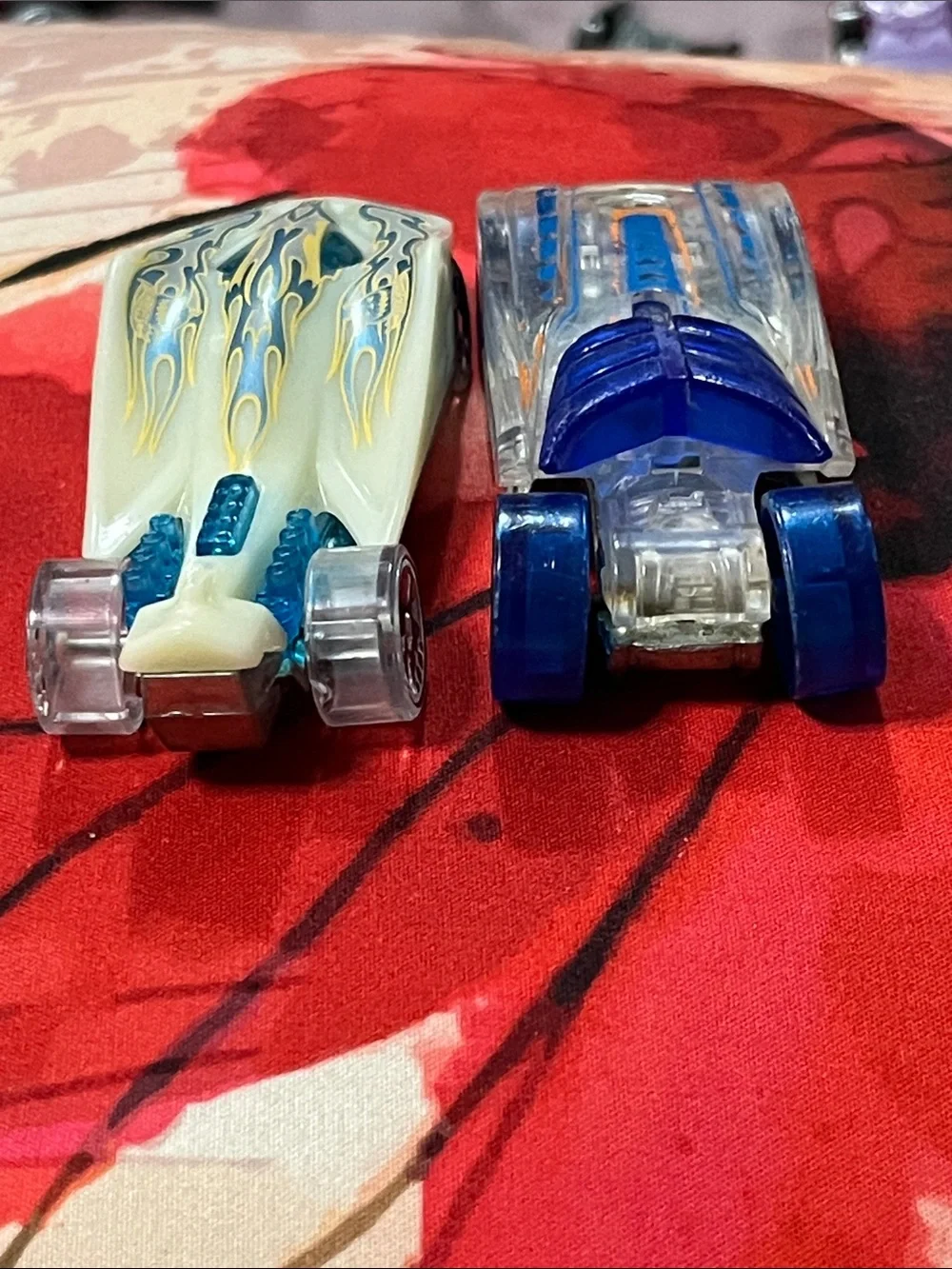 Mattel Clear Blue and White Twin Speedster Cars with Orange Accents